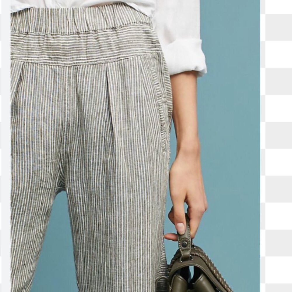 By Anthropologie Size XL Women Olive Green Stripes 100% Linen Pull on Pants - Picture 6 of 11
